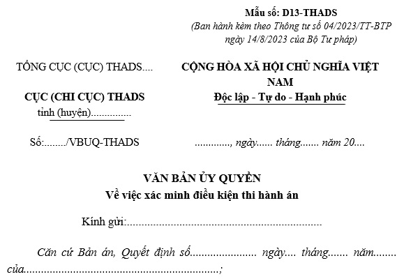 Mẫu văn bản ủy quyền xác minh điều kiện thi hành án