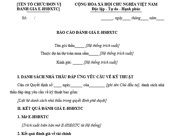 Mẫu báo cáo đánh giá hồ sơ dự thầu qua mạng