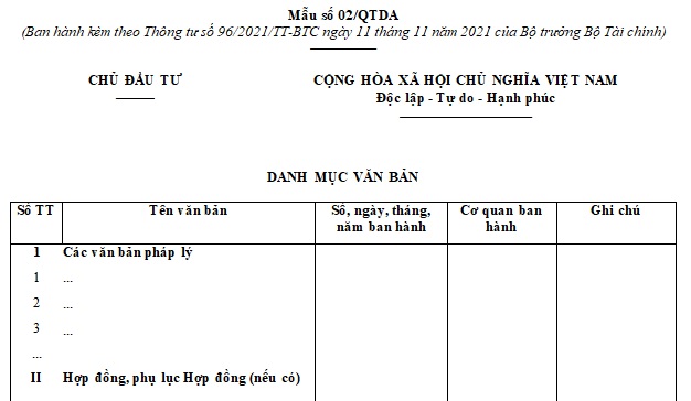 mẫu danh mục văn bản trong công tác quyết toán vốn