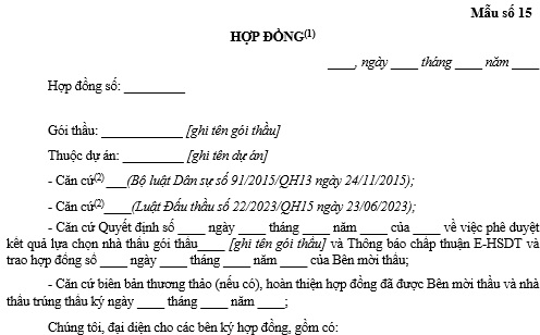 Mẫu số 15 hợp đồng với nhà thầu