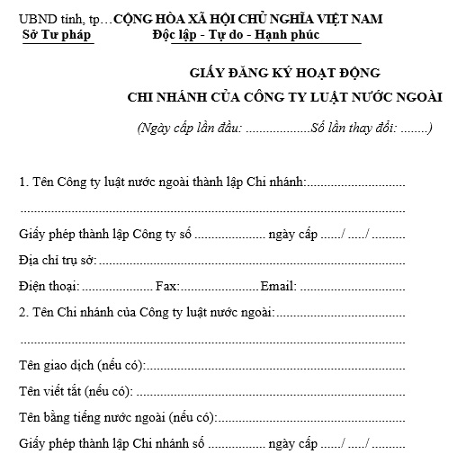 giấy đăng ký hoạt động chi nhánh công ty luật nước ngoài tại Việt Nam