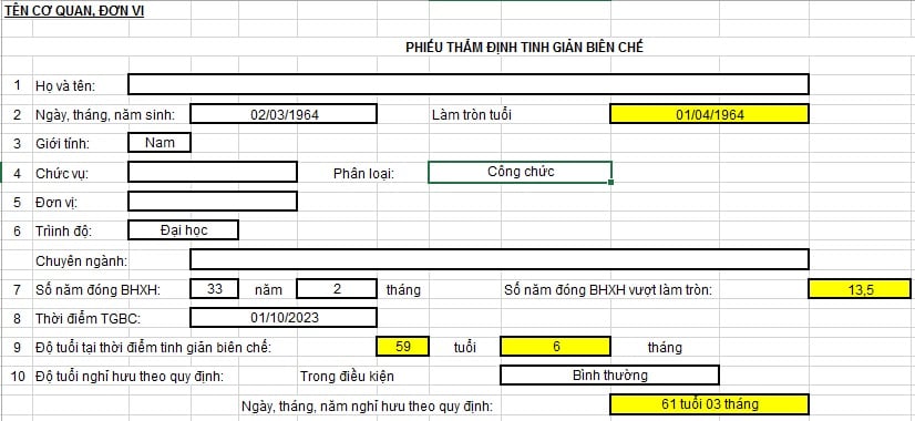 mẫu phiếu thẩm định tinh giản biên chế