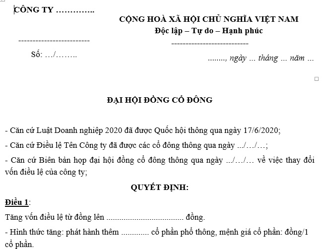 mẫu quyết định của đại hội đồng cổ đông