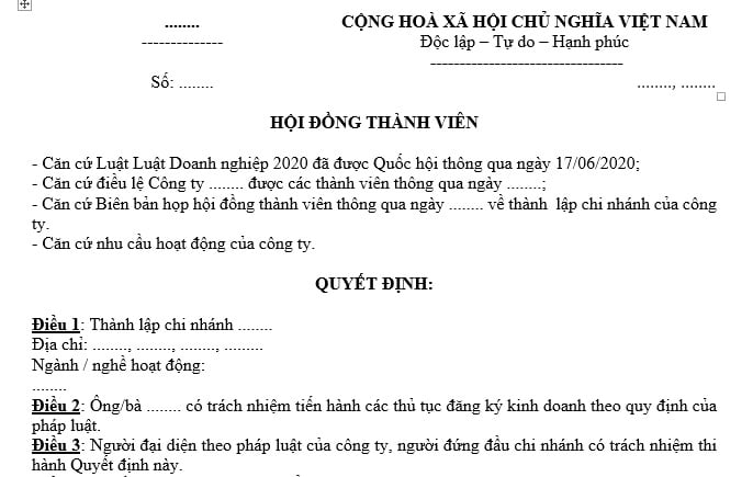 mẫu quyết định thành lập chi nhánh