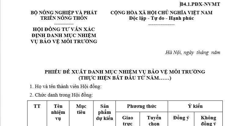 Mẫu phiếu đề xuất danh mục nhiệm vụ bảo vệ môi trường