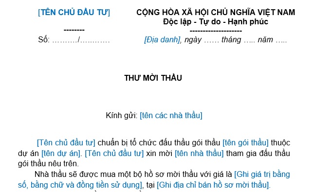 Mẫu thư mời thầu