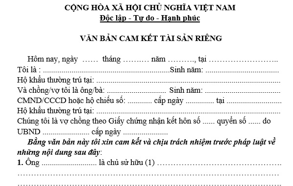 Mẫu cam kết tài sản riêng