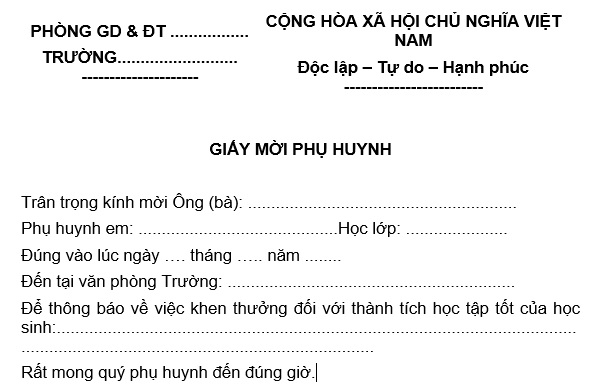 mẫu giấy mời khen thưởng họp phụ huynh