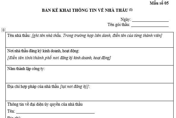 Mẫu bản kê khai thông tin về nhà thầu