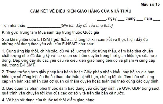 Mẫu cam kết về điều kiện giao hàng