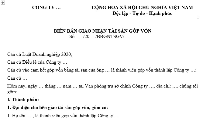 Mẫu biên bản giao nhận tài sản góp vốn