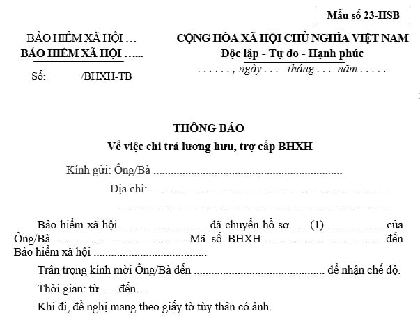 Mẫu thông báo về việc chi trả lương hưu trợ cấp bảo hiểm xã hội