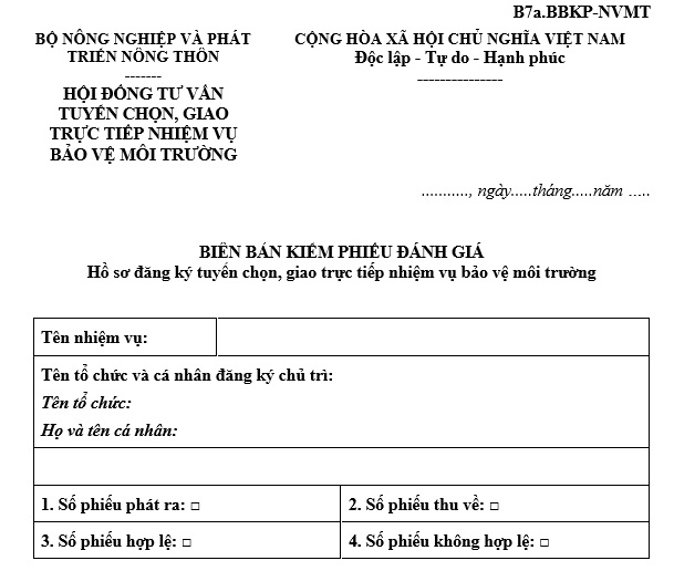 mẫu biên bản kiểm phiếu đánh giá hồ sơ đăng ký tuyển chọn. giao trực tiếp nhiệm vụ bảo vệ môi trường