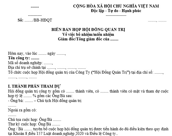 biên bản họp hội đồng quản trị bổ nhiệm tổng giám đốc