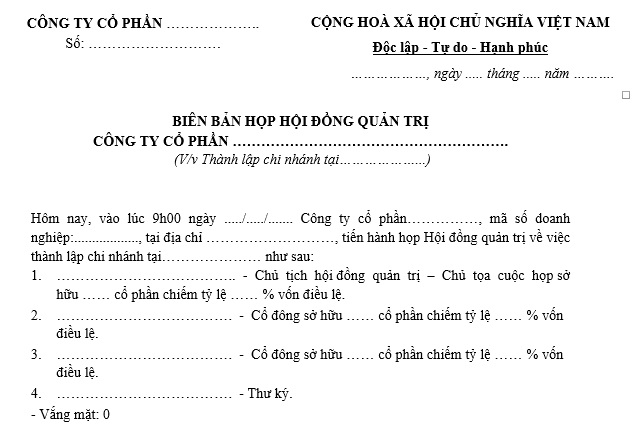 mẫu biên bản họp hội đồng quản trị công ty cổ phần về việc thành lập chi nhánh