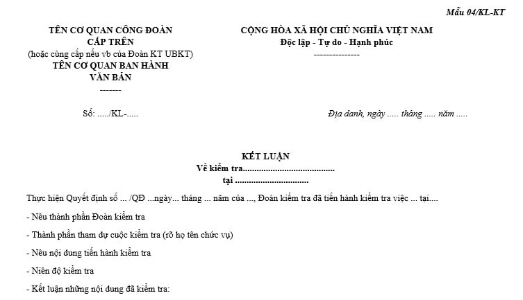 Mẫu kết luận kiểm tra chấp hành Điều lệ công đoàn