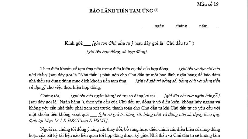 mẫu số 19 bảo lãnh tiền tạm ứng hợp đồng