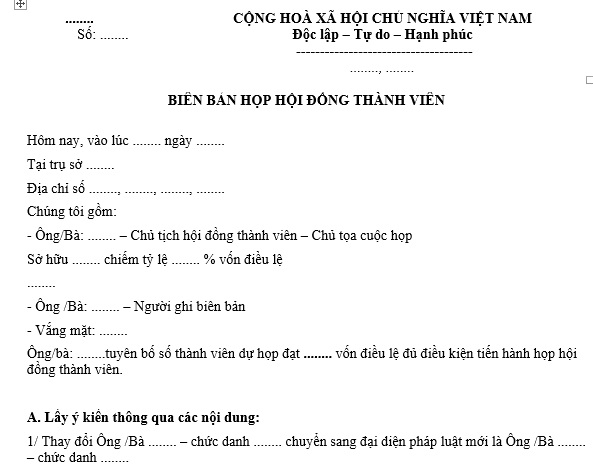 biên bản họp hội đồng thành viên thay đổi người đại diện theo pháp luật