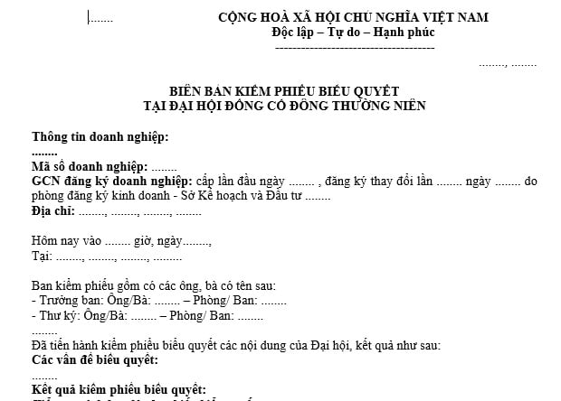 mẫu biên bản kiểm phiếu biểu quyết đại hội đồng cổ đông