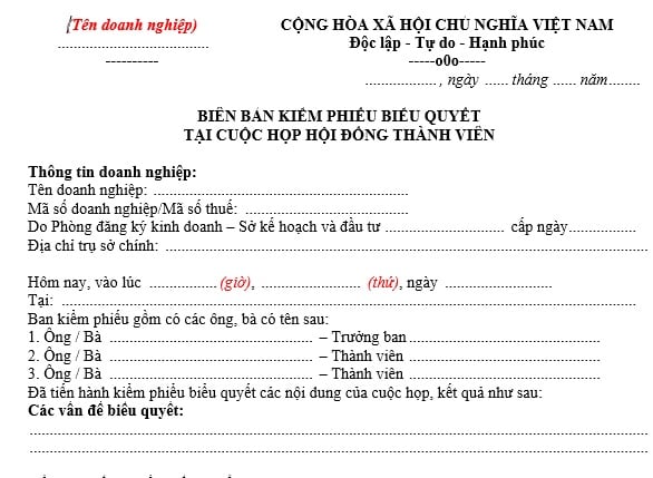 Mẫu biên bản kiểm phiếu cuộc họp hội đồng thành viên