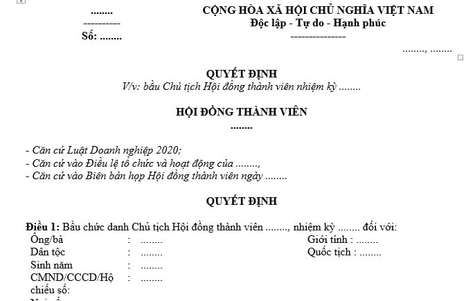 mẫu quyết định bầu chủ tịch