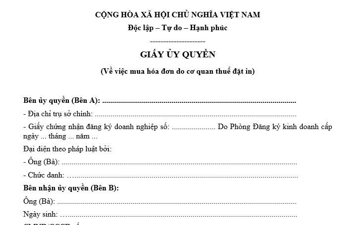 mẫu giấy ủy quyền mua hóa đơn do cơ quan thuế đặt in