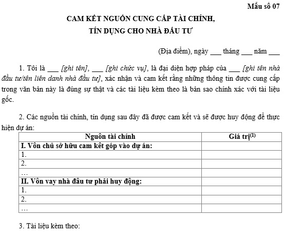 Mẫu cam kết nguồn cung cấp tài chính và tín dụng