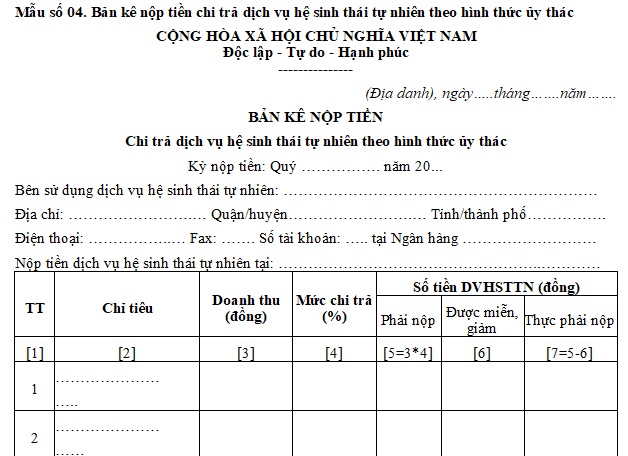 Mẫu bảng kê nộp tiền chi trả dịch vụ hệ sinh thái tự nhiên