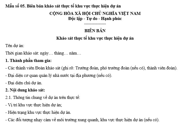 Mẫu biên bản khảo sát thực tế khu vực thực hiện dự án mới nhất