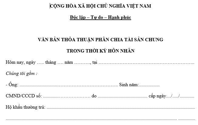 Mẫu thỏa thuận phân chia tài sản chung