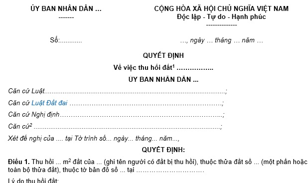 mẫu quyết định thu hồi đất