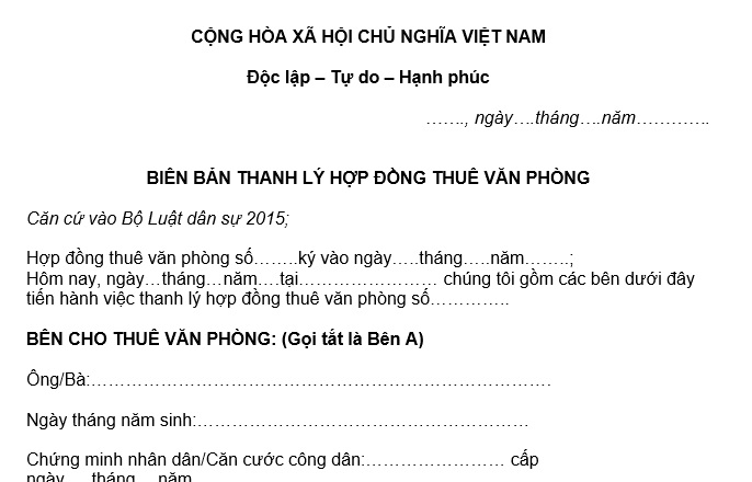 Mẫu biên bản thanh lý hợp đồng thuê văn phòng