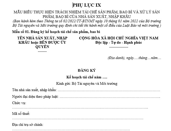 Mẫu số 1 phụ luc ix