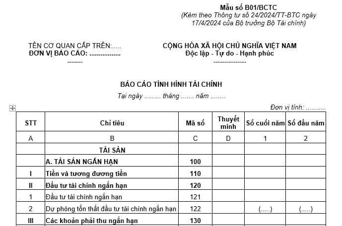 mẫu báo cáo tình hình tài chính theo Thông tư 24