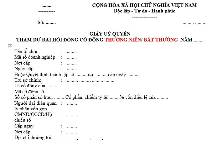 mẫu giấy ủy quyền dùng cho tổ chức họp