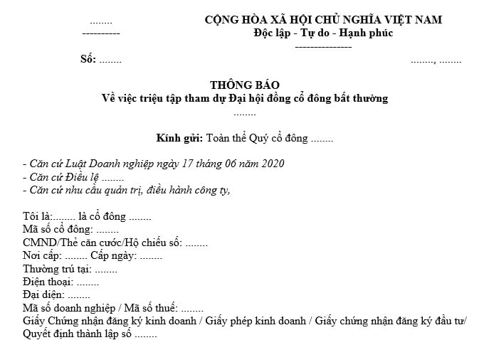 mẫu thông báo mời họp đại hội đồng cổ đông bất thường