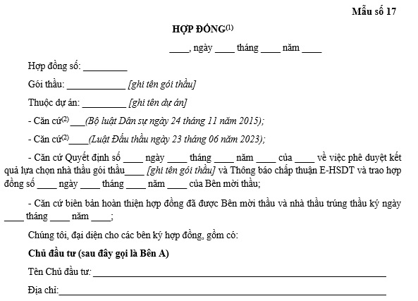 Mẫu hợp đồng với nhà thầu số 17