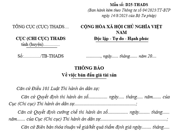 Mẫu thông báo bán đấu giá tài sản kê biên thi hành án