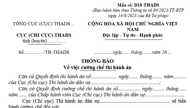 Mẫu thông báo cưỡng chế thi hành án