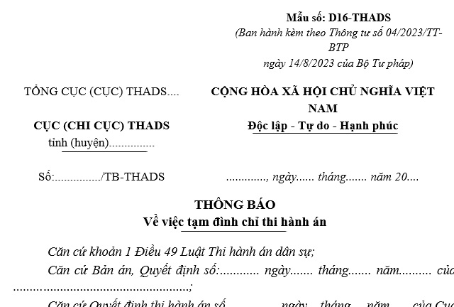 mẫu thông báo tạm đình chỉ thi hành án