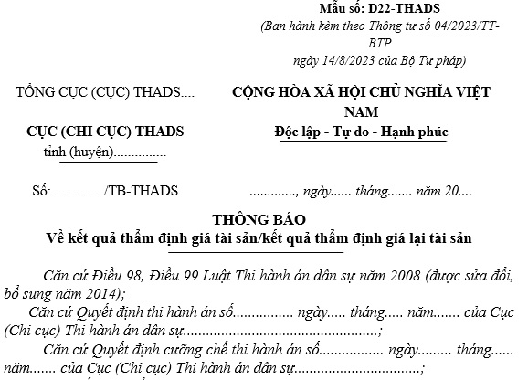 Mẫu thông báo kết quả thẩm định giá tài sản