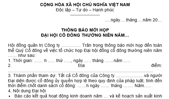 Mẫu thông báo mời họp đại hội đồng cổ đông