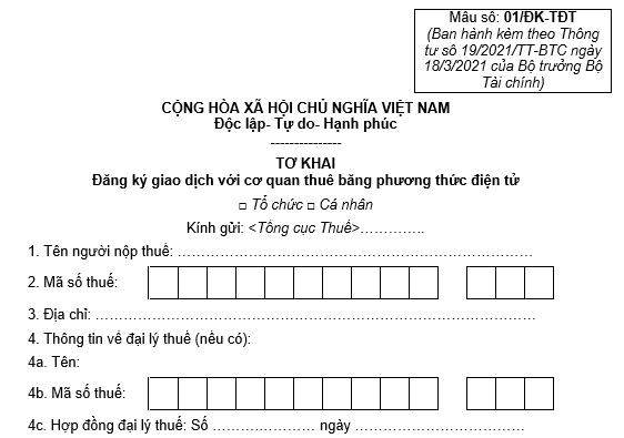 Mẫu Tờ khai đăng ký giao dịch với cơ quan thuế bằng phương thức điện tử