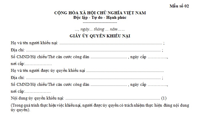 mẫu ủy quyền khiếu nại