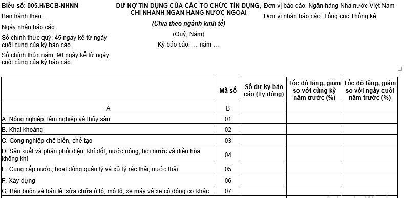 Mẫu báo cáo thống kê dư nợ tín dụng