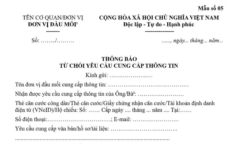 Mẫu Thông báo từ chối yêu cầu cung cấp thông tin từ 01/9/2026 theo Nghị định 337/2026/NĐ-CP có dạng nào? Tải về?