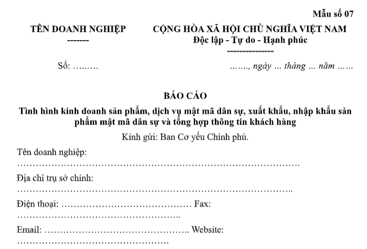 Tải Mẫu Báo cáo tình hình kinh doanh sản phẩm, dịch vụ mật mã dân sự, xuất nhập khẩu sản phẩm mật mã dân sự theo Nghị định 341 ở đâu?