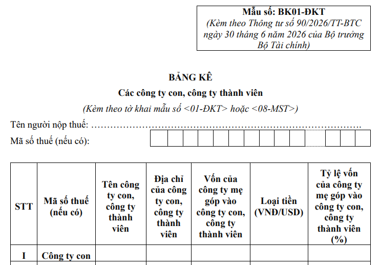 mẫu bảng kê công ty con