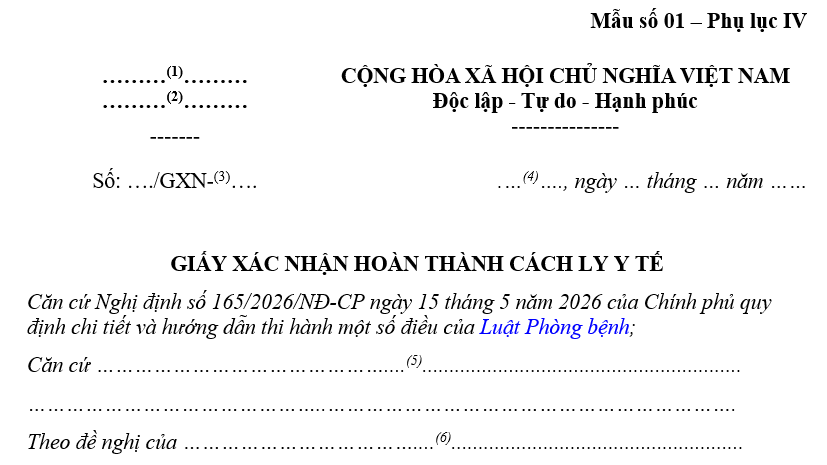 Mẫu Giấy xác nhận hoàn thành cách ly y tế từ 01/7/2026 theo Nghị định 165/2026/NĐ-CP là mẫu nào? Tải về?