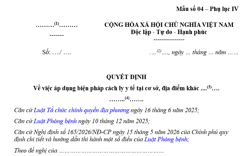 Tải mẫu Quyết định về việc áp dụng biện pháp cách ly y tế tại cơ sở, địa điểm khác theo Nghị định 165/2026/NĐ-CP?